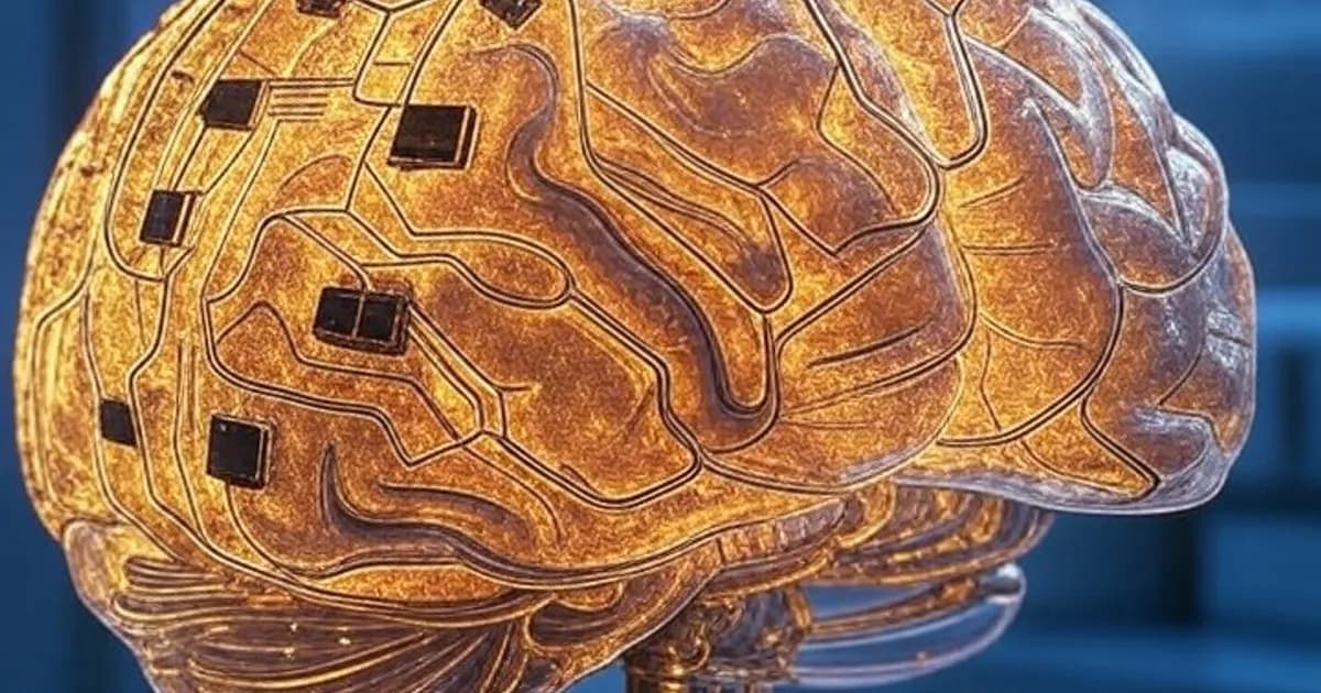 Illustration d'un organoïde cérébral connecté à des circuits électroniques représentant un bioprocesseur