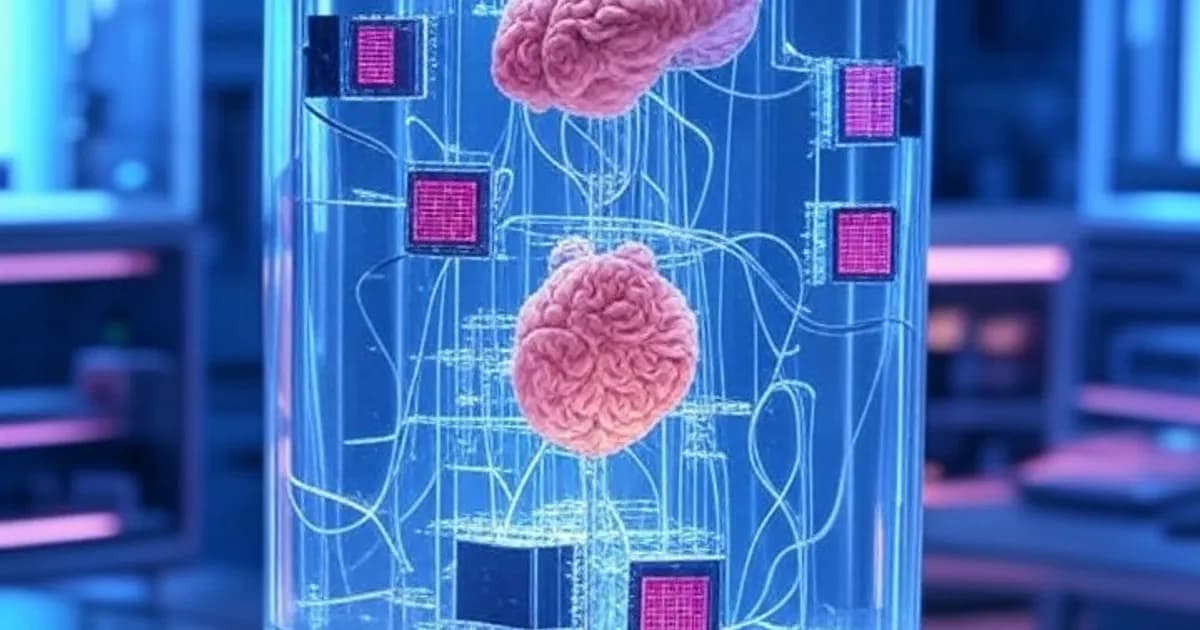 Représentation d'un bioordinateur hybride combinant organoïdes cérébraux et circuits électroniques