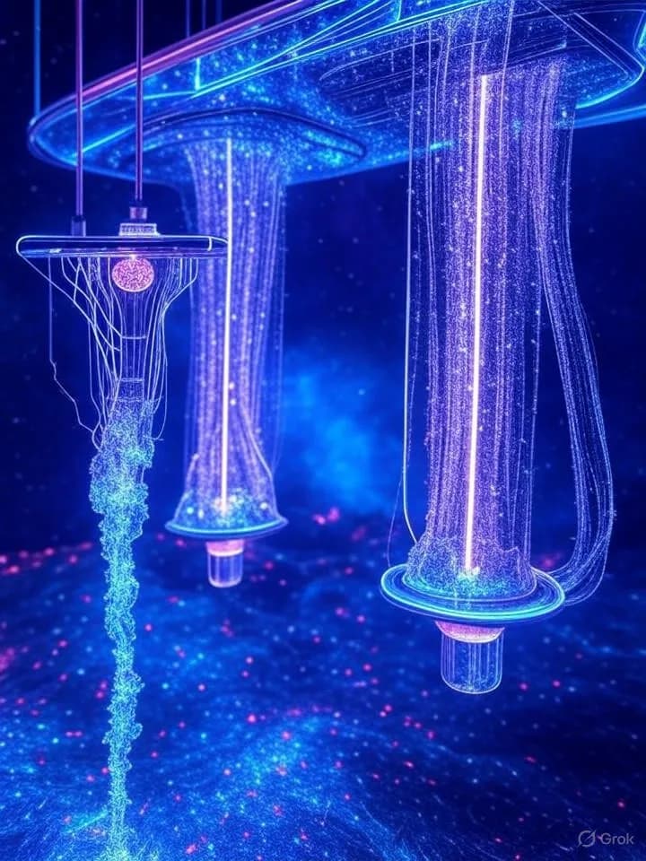 Pièges à ions luminescents suspendus dans un environnement quantique futuriste avec des flux de particules et des motifs géométriques néon