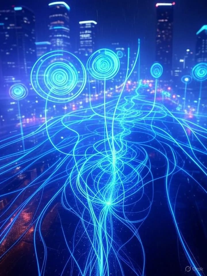 Visualisation futuriste d'une chronologie technologique avec des flux de données lumineux et des courbes exponentielles dans un environnement numérique aux tons bleus et violets