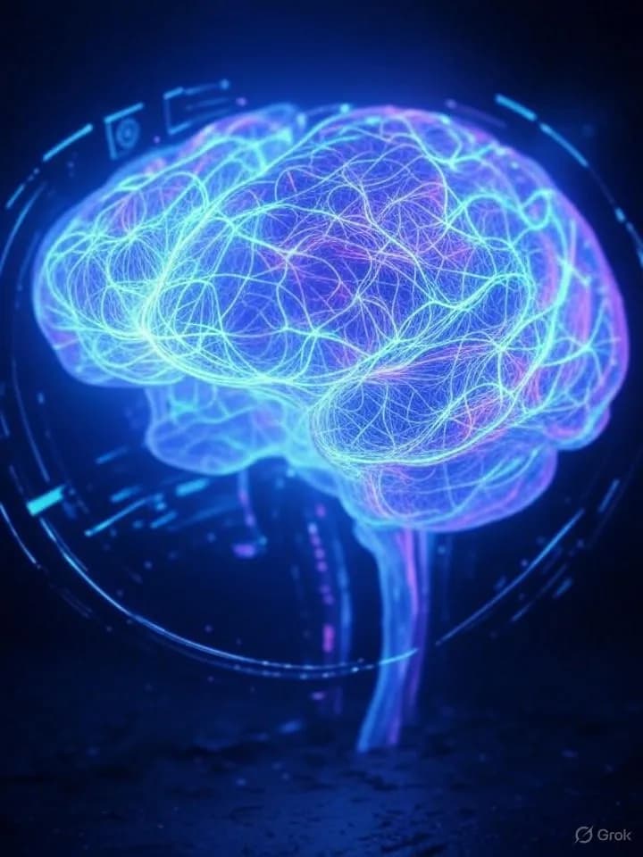 Cerveau numérique lumineux composé de réseaux neuronaux et flux de données flottant dans un espace sombre avec rayons néon bleus et violets