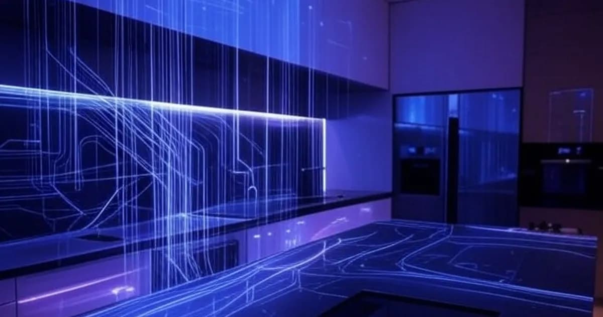 Intérieur de maison connectée futuriste avec flux lumineux néon reliant des appareils électroménagers dans une ambiance cyberpunk