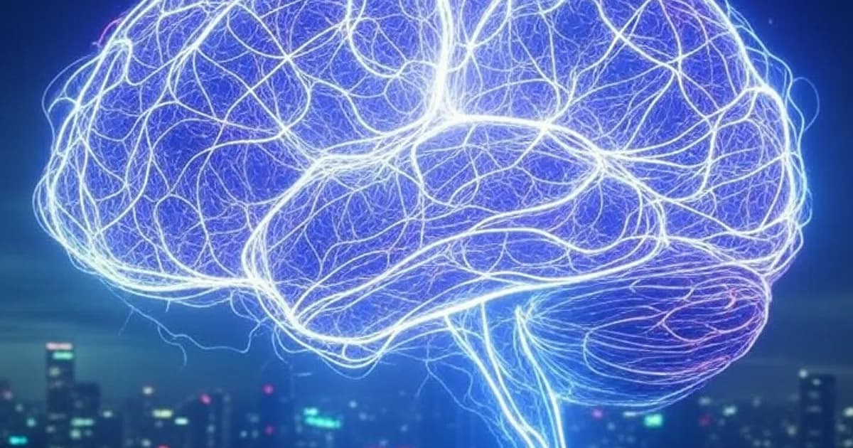 Cerveau numérique lumineux composé de réseaux neuronaux néon flottant au-dessus d'une ville futuriste dans la nuit