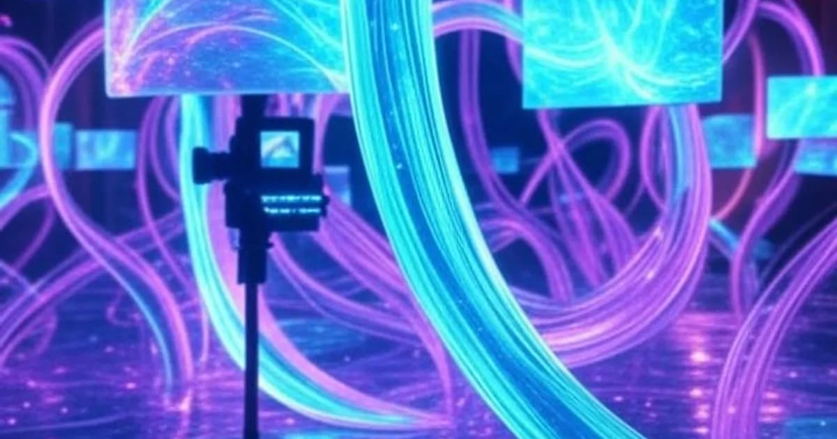 Flux de cadres vidéo lumineux flottant dans un espace numérique futuriste aux couleurs néon violettes et cyan