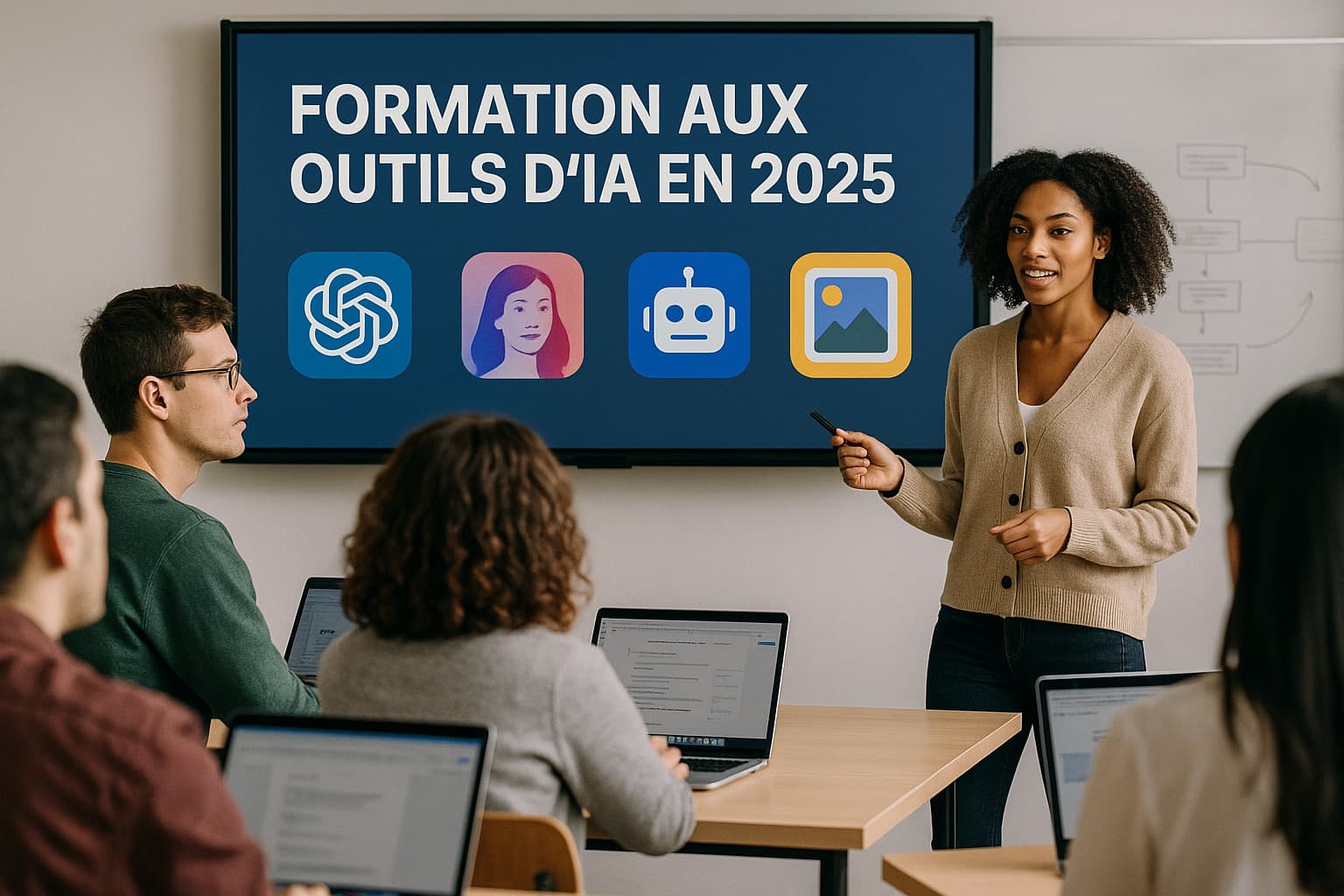 Une femme donne une formation dur l'IA dans une classe