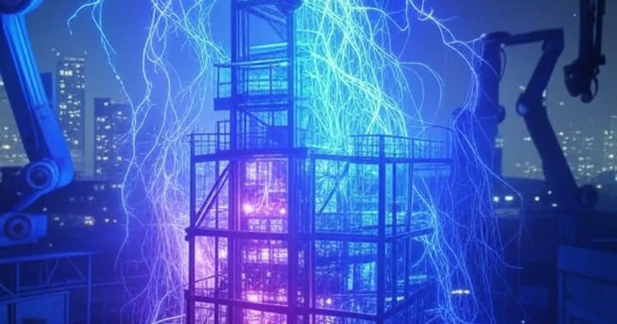 Paysage industriel futuriste traversé par des flux de données lumineux et des réseaux neuronaux, dans une ambiance néon bleu et violet