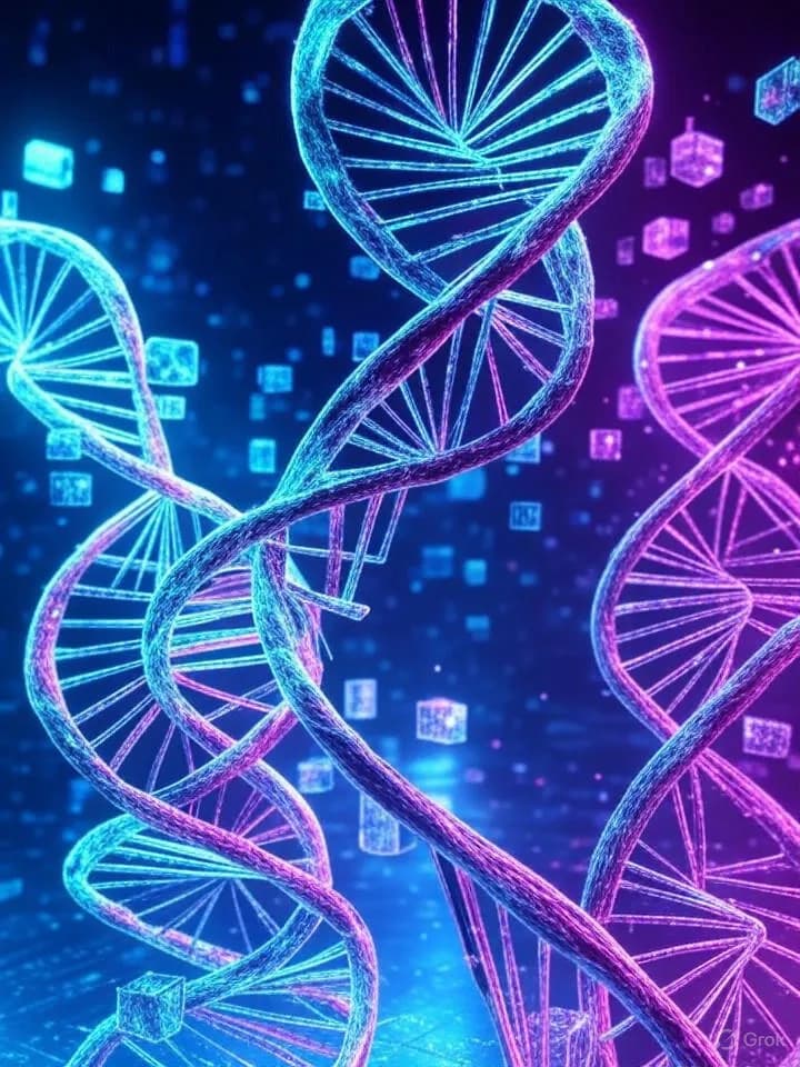 Double hélice d'ADN lumineuse entrelacée avec des flux de données numériques dans un environnement sombre et futuriste