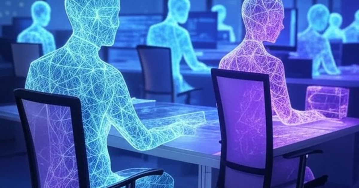 Bureau futuriste avec des formes géométriques lumineuses représentant des agents IA remplaçant progressivement des silhouettes humaines dans un environnement de travail digital