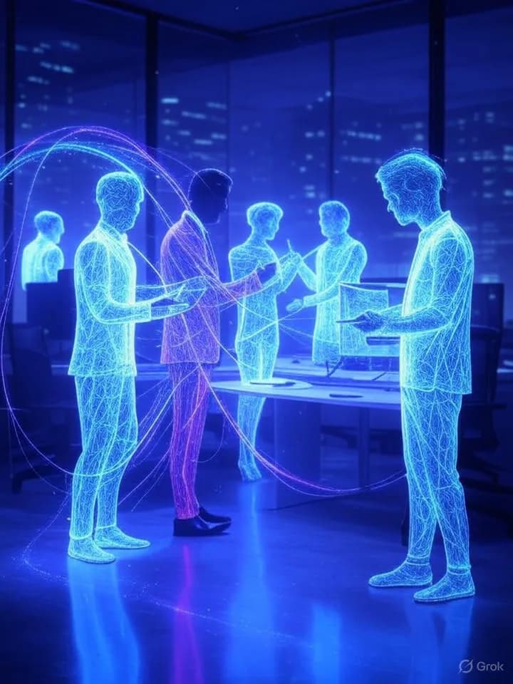 Silhouettes humaines et assistants IA holographiques collaborant dans un environnement de bureau futuriste aux néons bleus et violets