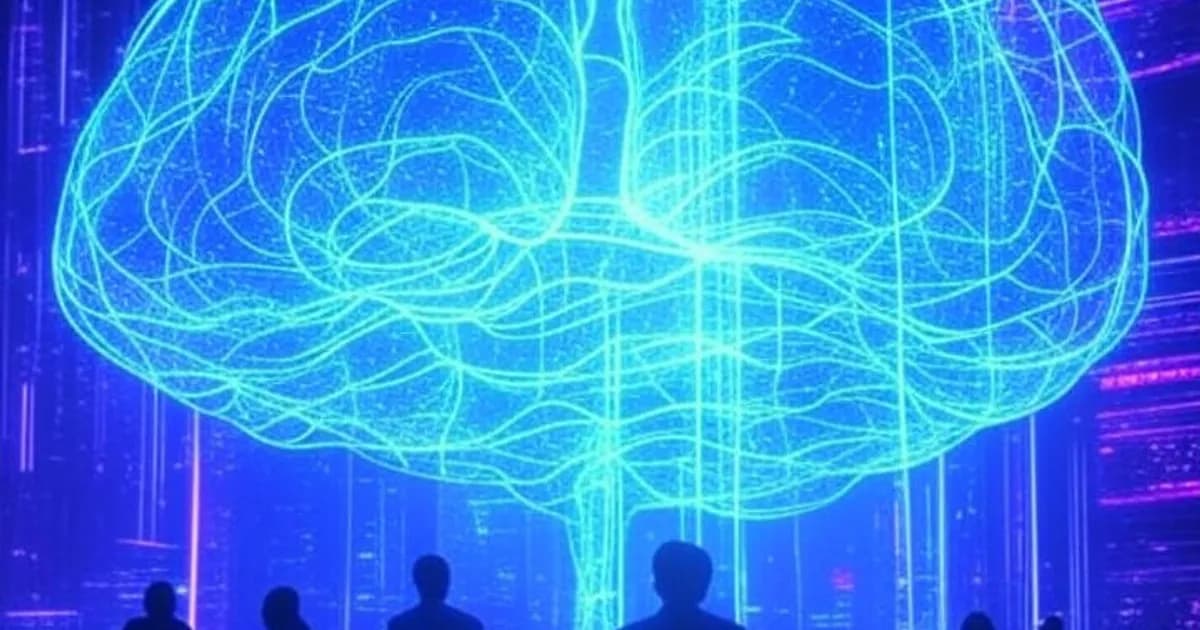 Paysage urbain futuriste avec structures de réseaux neuronaux lumineux et silhouettes humaines devant un cerveau IA holographique