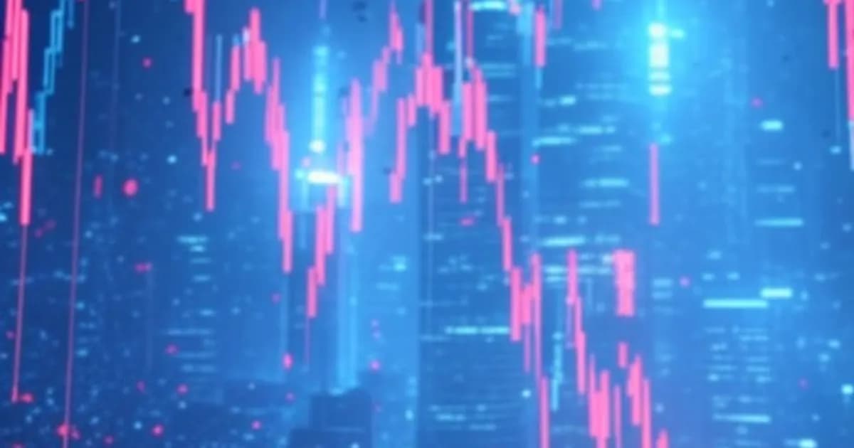 Paysage urbain numérique abstrait avec graphiques boursiers lumineux et réseaux neuronaux se fragmentant dans une atmosphère cyberpunk aux néons bleus et rouges