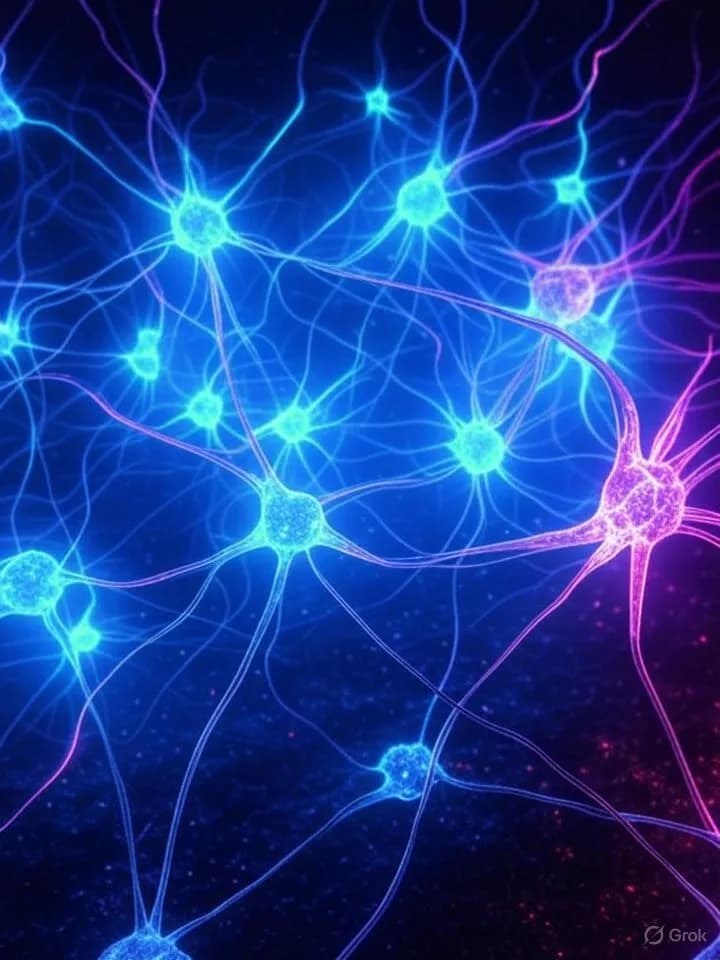 Réseau de neurones organiques lumineux connectés à des structures géométriques numériques dans un espace sombre avec des flux d'énergie colorés