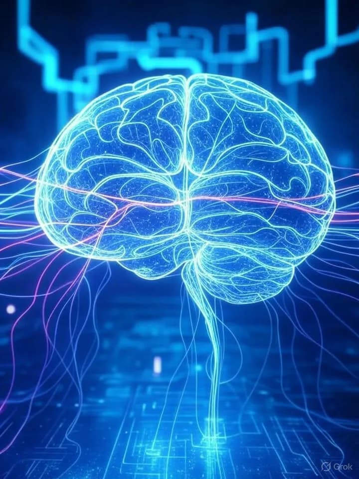 Silhouette de cerveau humain reliée par des circuits lumineux à des nœuds quantiques et d'intelligence artificielle dans un espace numérique sombre aux néons bleus et violets