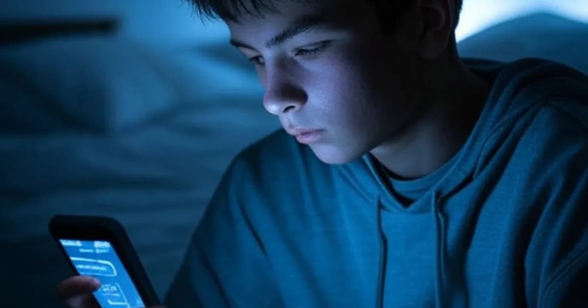 Adolescent utilisant un chatbot IA sur son smartphone dans une chambre sombre