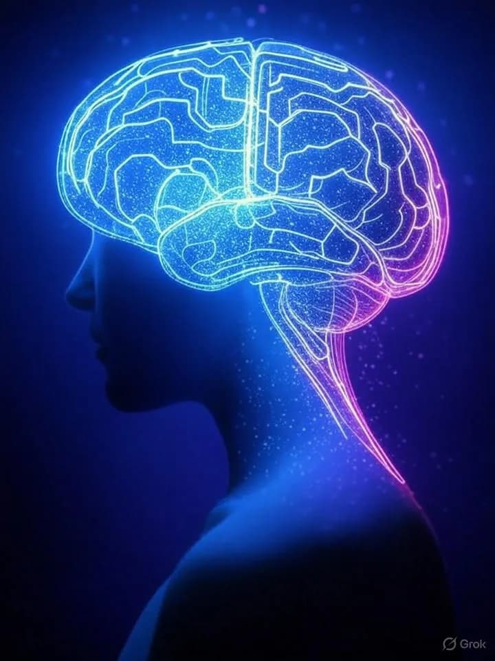 Silhouette humaine lumineuse face à un cerveau numérique fait de circuits néon et flux de données dans une atmosphère sombre et futuriste