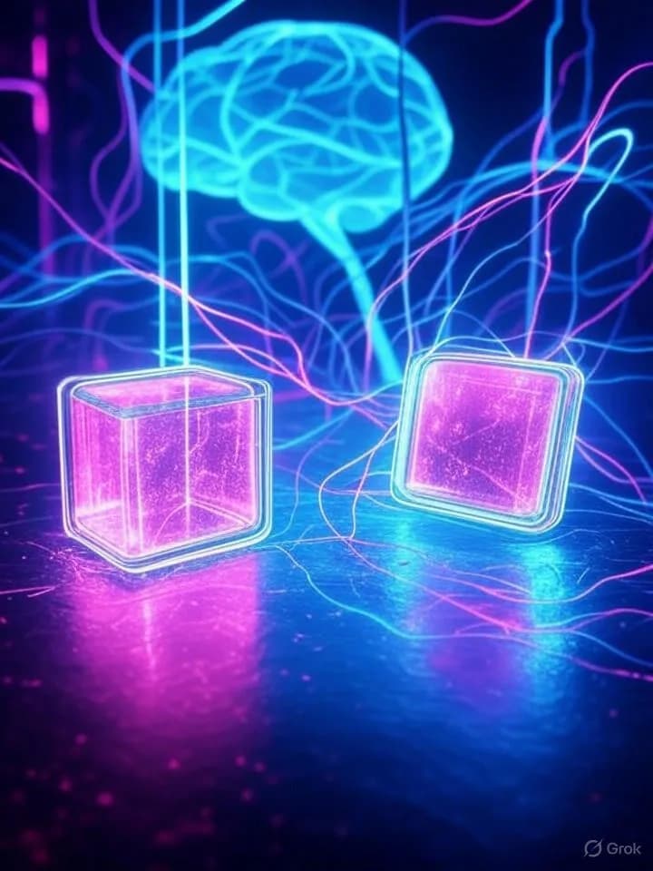 Puce cérébrale miniature futuriste entourée de circuits lumineux et de flux de données holographiques dans une ambiance technologique