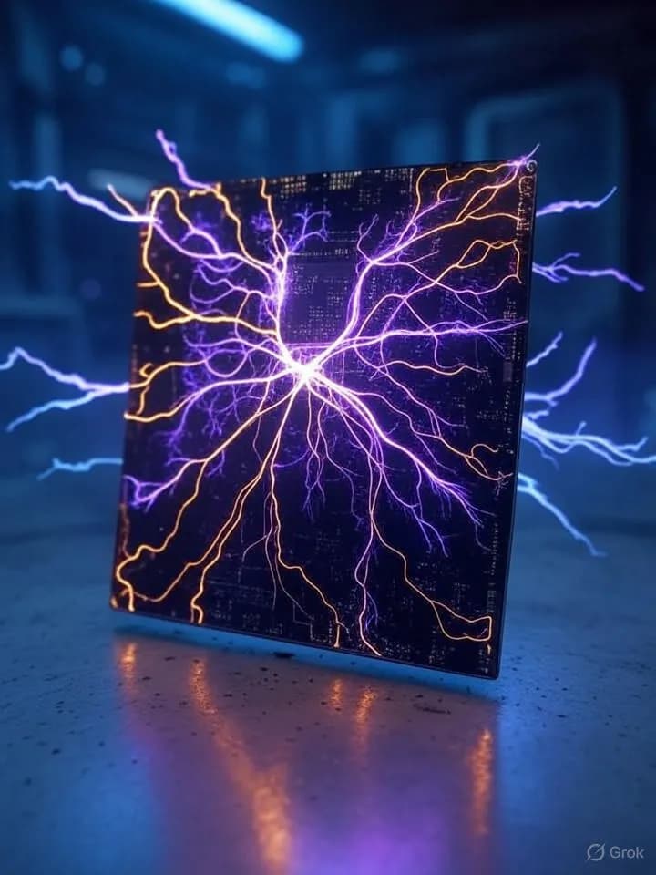Puce biologique futuriste avec neurones luminescents interconnectés par des circuits électriques dorés dans une ambiance de laboratoire aux néons bleus et violets