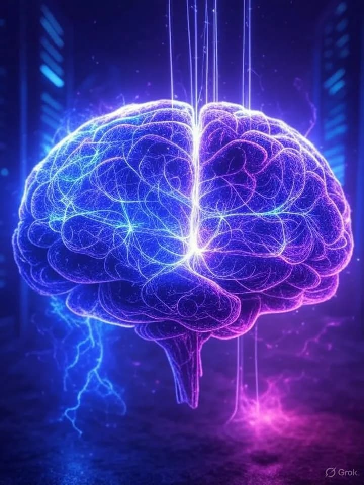 Cerveau numérique abstrait flottant dans un environnement de serveurs lumineux avec des réseaux neuronaux brillants en bleu et violet