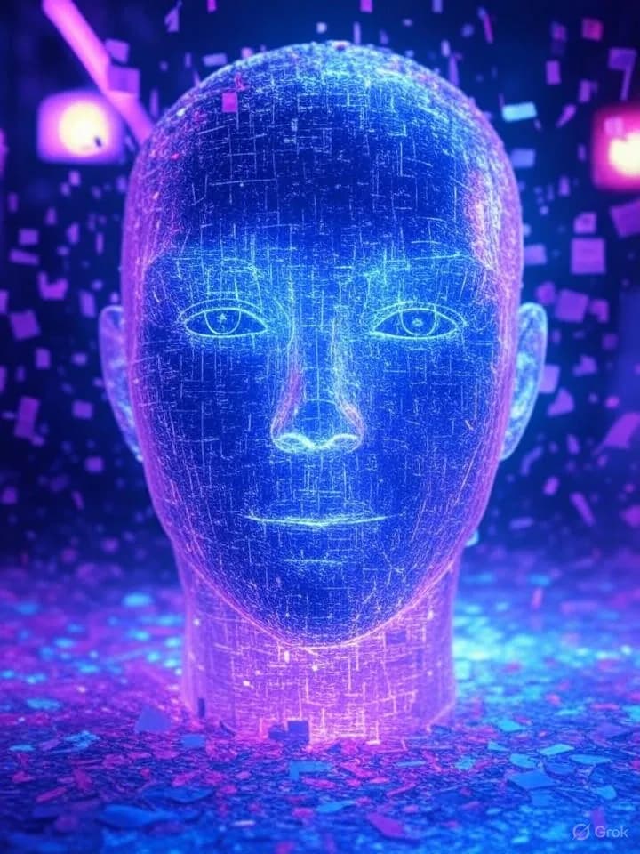 Visage holographique fragmenté en particules de données avec des étiquettes de prix flottantes dans un environnement numérique sombre illuminé de néons