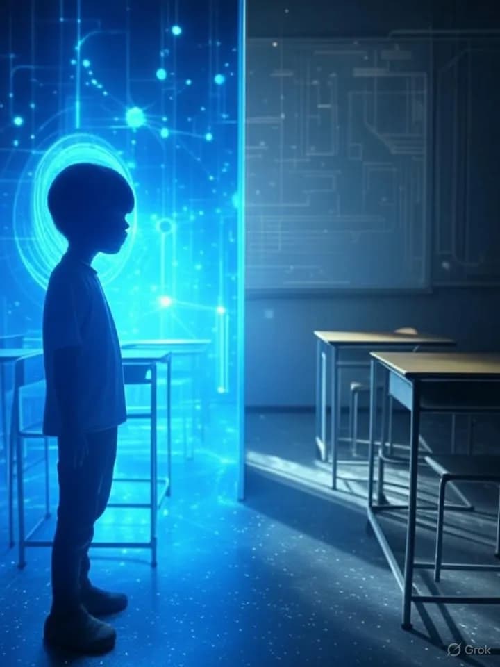 Salle de classe futuriste divisée en deux moitiés contrastées, l'une lumineuse avec des hologrammes bleus et des réseaux neuronaux, l'autre sombre avec un bureau vide