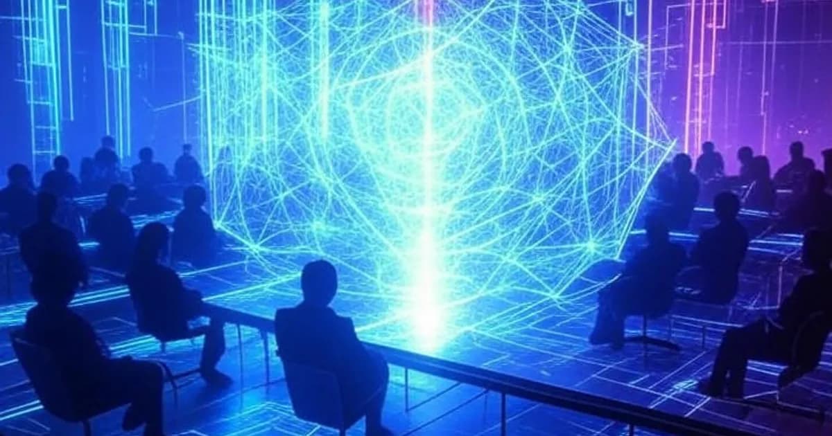 Salle de conférence futuriste avec réseaux neuronaux holographiques flottant au-dessus de silhouettes d'audience, éclairage néon bleu et violet