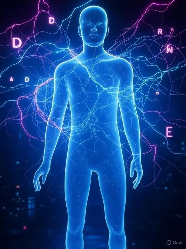 Silhouette humaine translucide reliée par des fils lumineux à des lettres holographiques flottantes dans un espace sombre futuriste