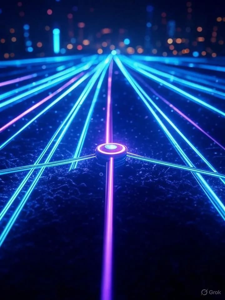 Paysage numérique futuriste avec des flux lumineux convergeant vers un hub central brillant dans des tons bleus et violets