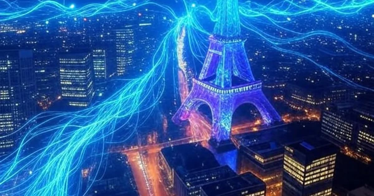 Vue futuriste de Paris avec la Tour Eiffel illuminée de néons bleus et violets, des réseaux neuronaux numériques traversant le ciel nocturne