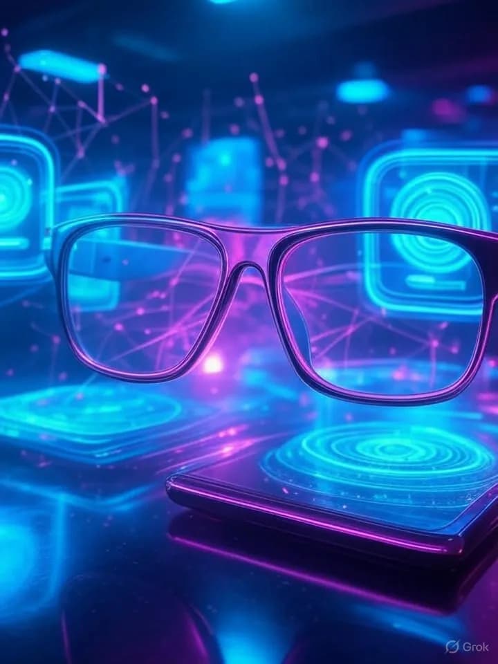 Lunettes connectées futuristes entourées d'interfaces holographiques et de flux de données lumineux dans un environnement numérique