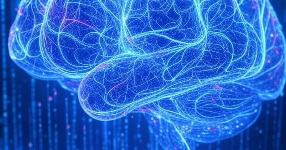 Cerveau numérique abstrait composé de réseaux neuronaux lumineux et de circuits néon flottant dans un environnement sombre avec des flux de données holographiques