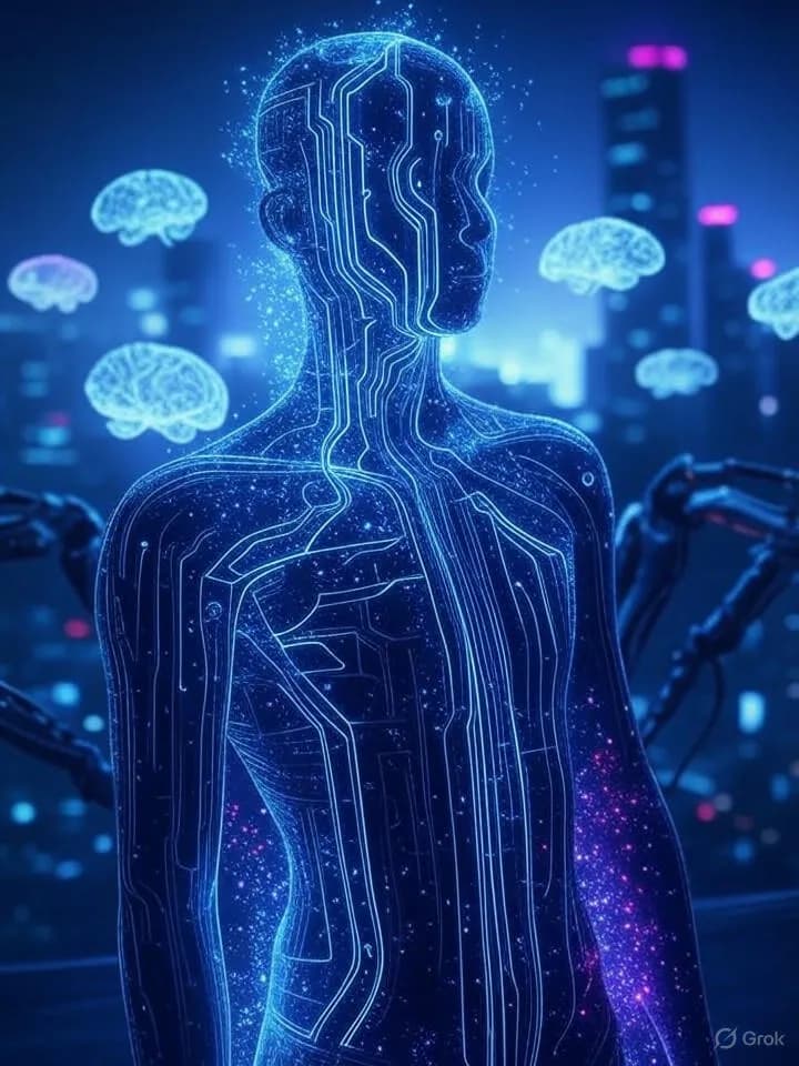 Silhouette humaine fusionnant avec des circuits lumineux et des interfaces cérébrales holographiques dans une ambiance néon