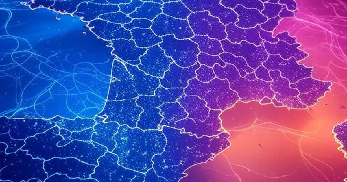 Carte numérique abstraite de la France traversée par des flux de données lumineux et des réseaux neuronaux, avec des indicateurs de progression holographiques