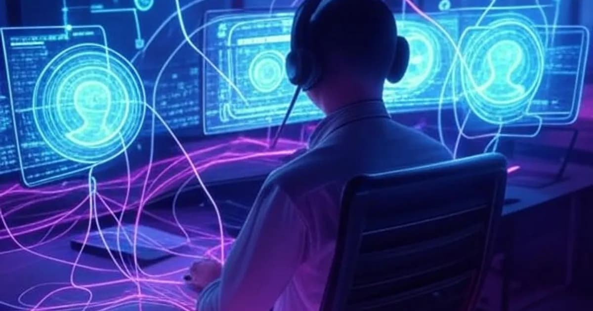 Centre d'appel futuriste avec interfaces holographiques lumineuses et réseaux neuronaux interconnectés dans une ambiance néon bleu et violet