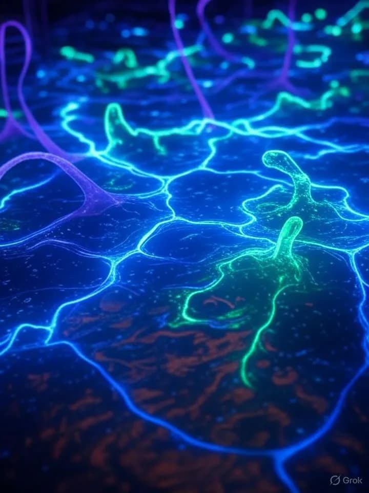 Réseau de protéines bactériennes bioluminescentes interconnectées formant des motifs neuronaux dans un environnement liquide sombre