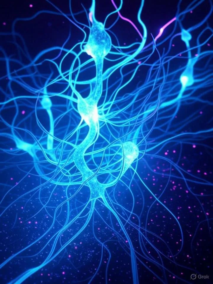 Réseau de neurones bioluminescents fusionnant avec des circuits électroniques dans un environnement futuriste aux couleurs néon