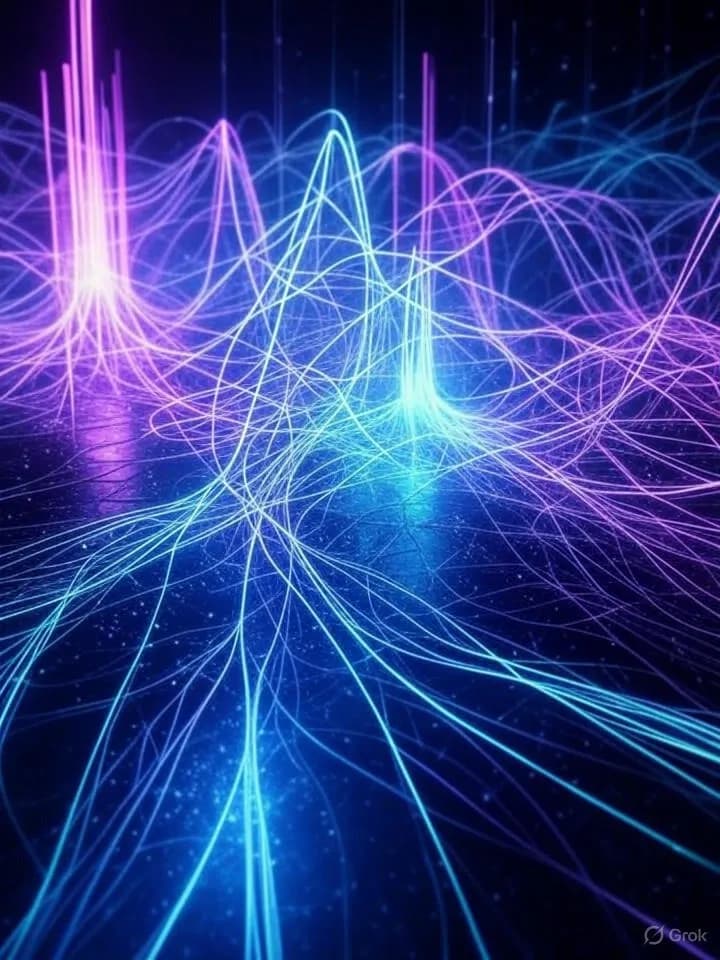 Formes d'ondes sonores lumineuses et fréquences musicales flottant dans un espace numérique aux néons violets et cyan