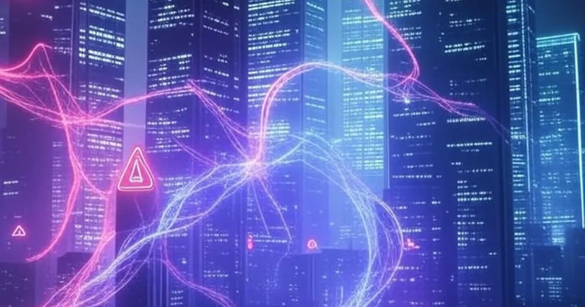 Paysage numérique futuriste avec des symboles d'alerte lumineux et des flux de données abstraits représentant des cyberattaques