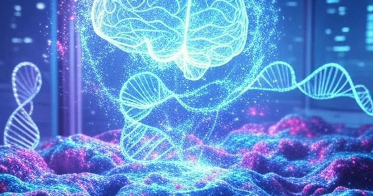 Hélices d'ADN lumineuses entrelacées avec des réseaux neuronaux holographiques dans un environnement médical futuriste aux teintes néon