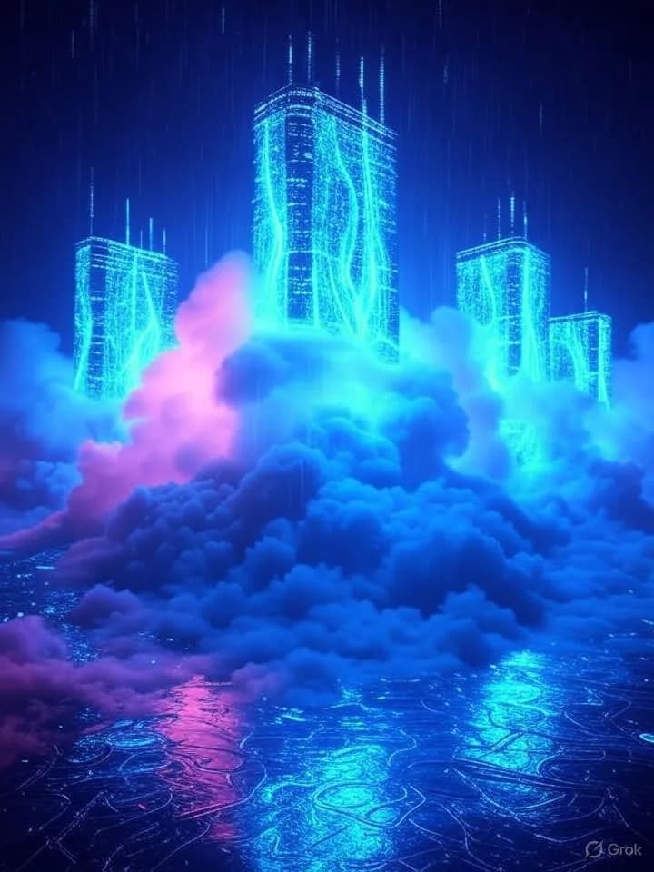 Tours de serveurs futuristes illuminées de néons bleus entourées de flux d'eau et de vapeur dans une ambiance cyberpunk