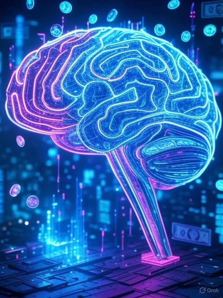 Cerveau numérique lumineux entouré de flux de données, pièces holographiques et graphiques financiers dans une ambiance néon futuriste