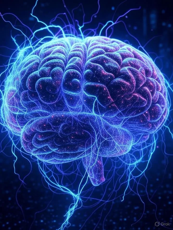 Cerveau numérique abstrait entouré de réseaux neuronaux lumineux et de flux de données dans un environnement sombre