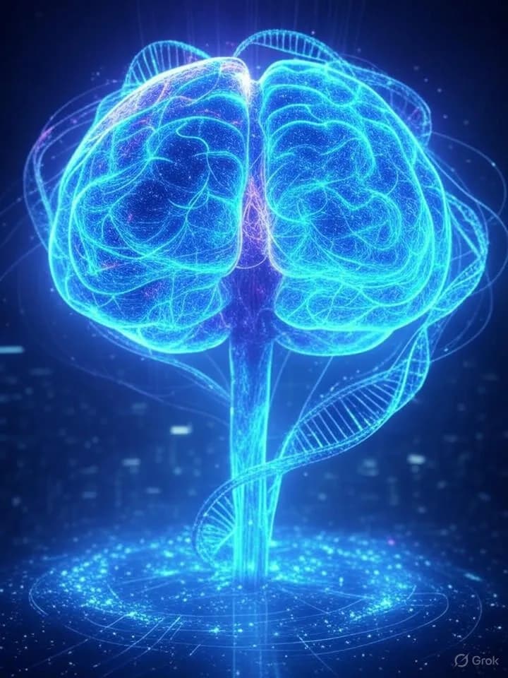 Cerveau numérique composé de flux de données lumineux flottant au-dessus d'une ligne temporelle se dissolvant en particules avec des symboles médicaux holographiques