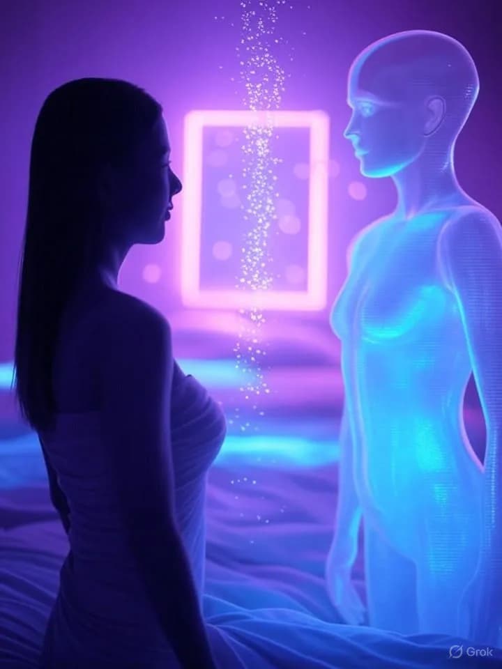 Silhouette humaine face à une figure holographique translucide dans une chambre éclairée de néons violets et cyan