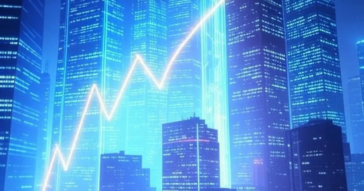 Flux de données numériques lumineux s'élevant de gratte-ciels vers un graphique holographique montrant une courbe ascendante dans une ambiance nocturne futuriste