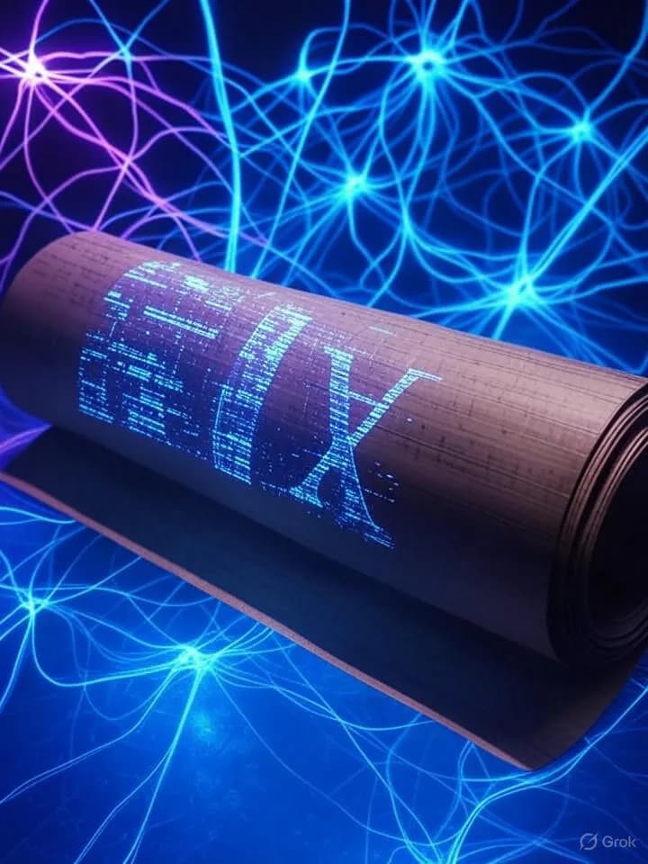 Rouleau de papyrus antique entouré de réseaux neuronaux lumineux et de flux de données numériques dans une ambiance futuriste