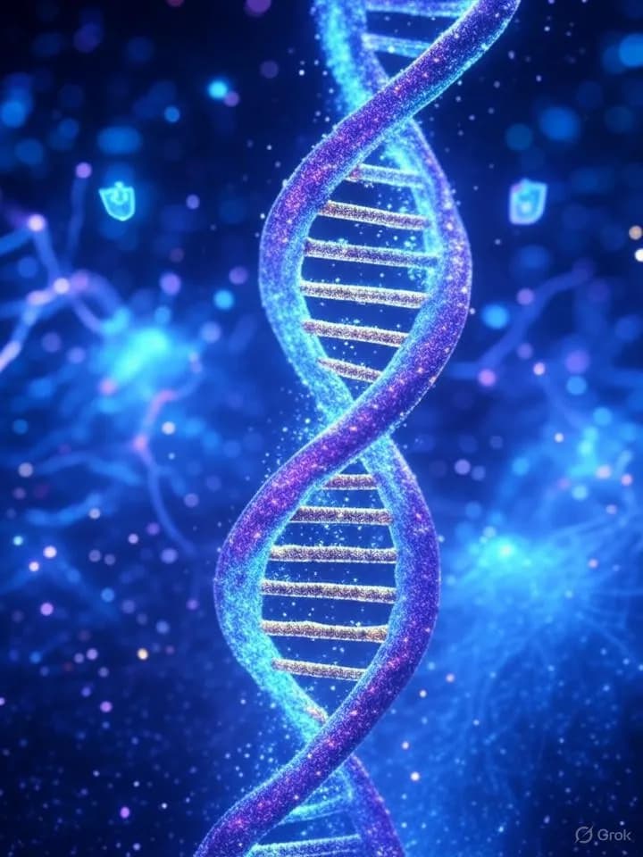 Hélice d'ADN lumineuse se transformant en flux de particules de données entourée de symboles médicaux holographiques