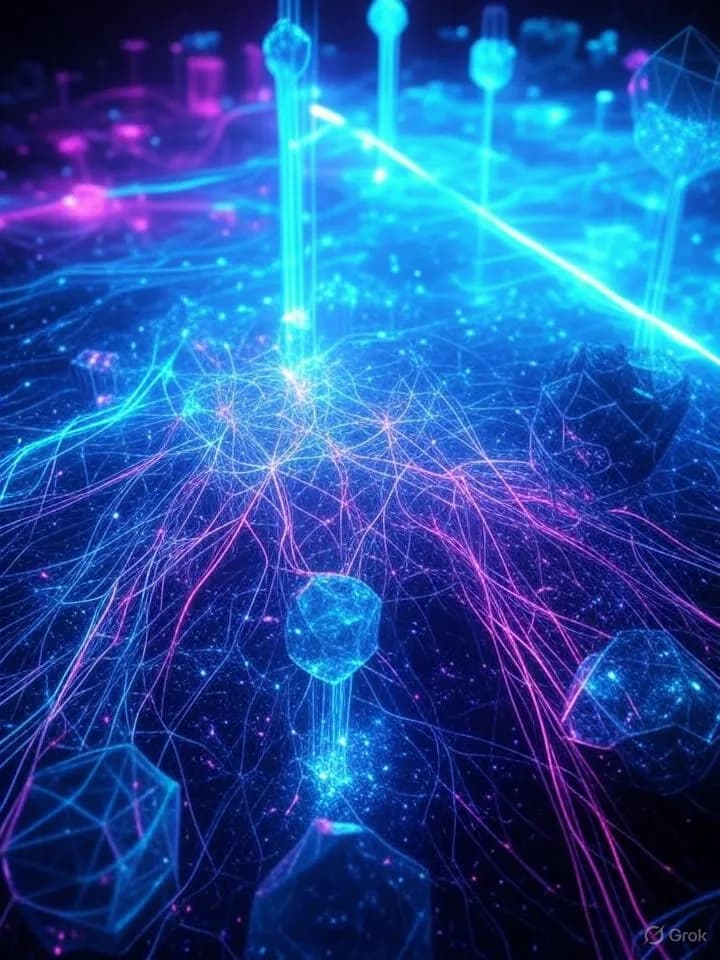 Particules lumineuses bleues et violettes formant des réseaux interconnectés avec des structures cristallines géométriques flottantes et des faisceaux lumineux