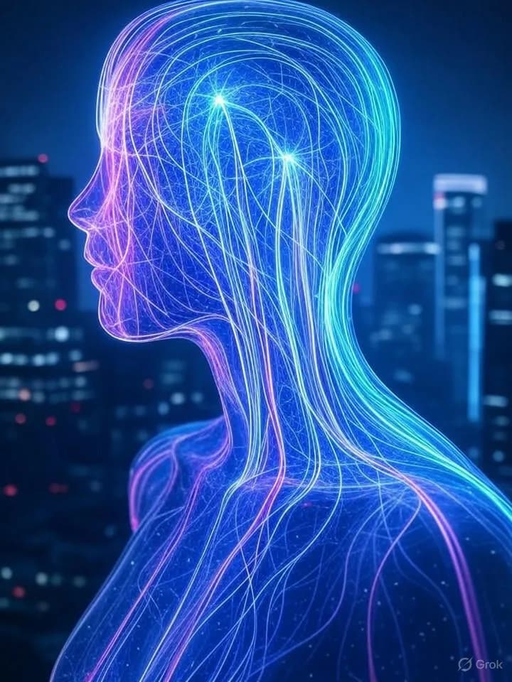 Silhouette humaine translucide avec réseaux neuronaux lumineux dans la tête, connectée à des flux de données et particules quantiques dans une ambiance néon bleu et violet