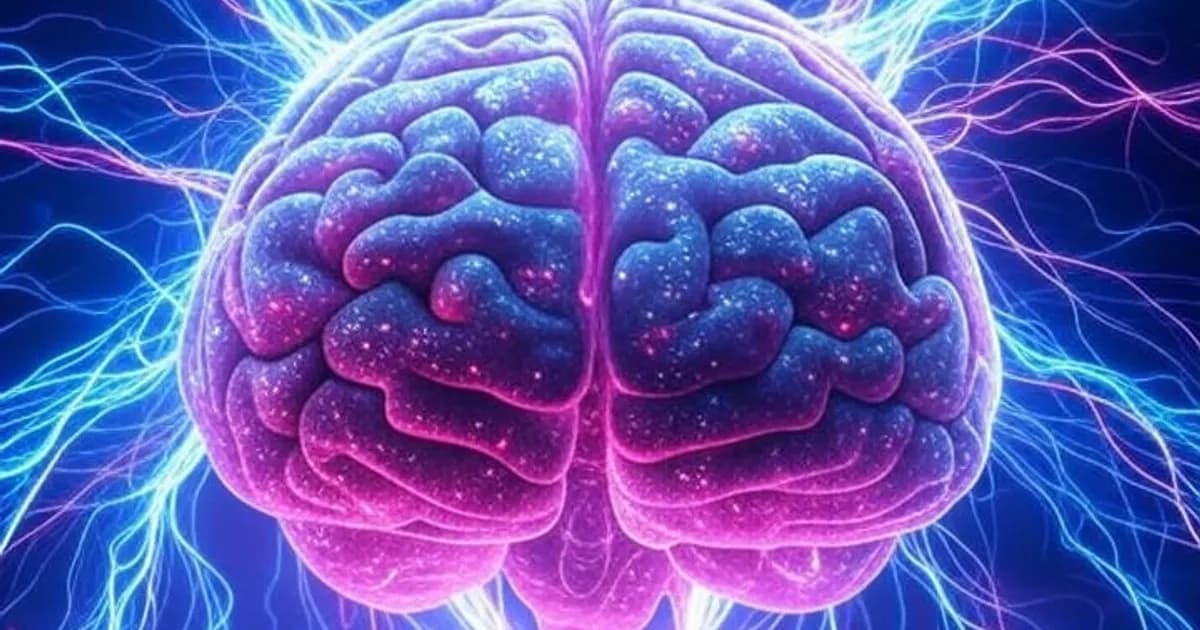 Cerveau numérique abstrait flottant dans un espace cybernétique illuminé de néons bleus et magentas avec des flux de données lumineux