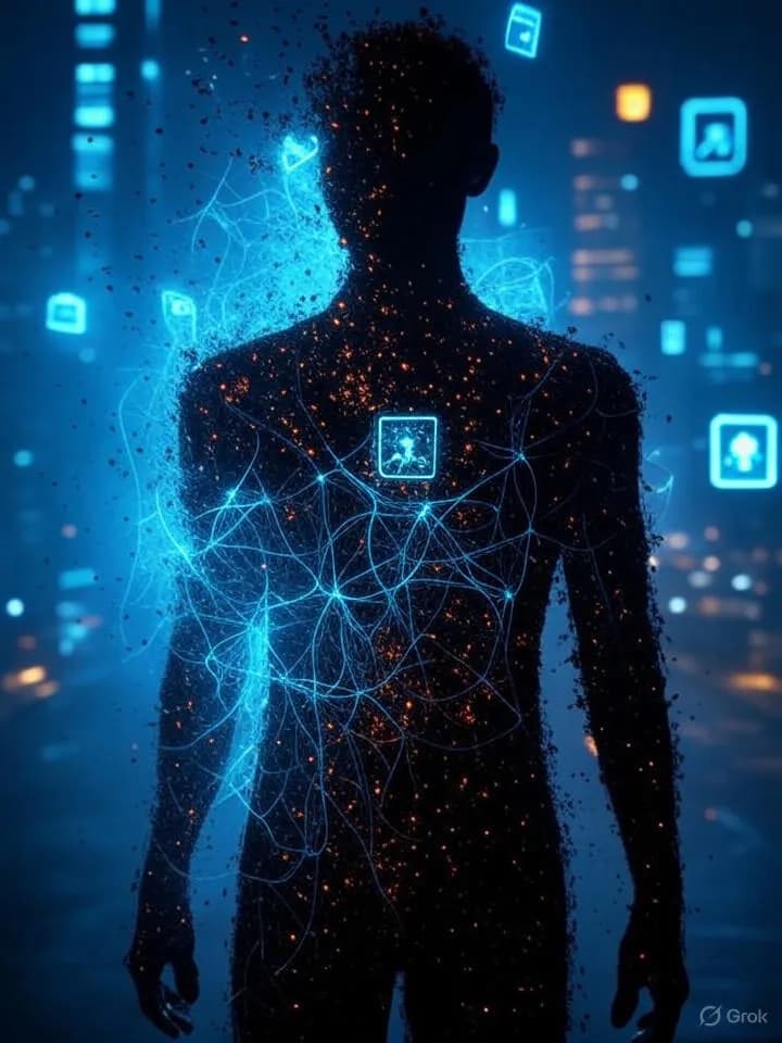 Silhouette humaine se transformant en flux de données numériques entourée de réseaux neuronaux lumineux et symboles holographiques